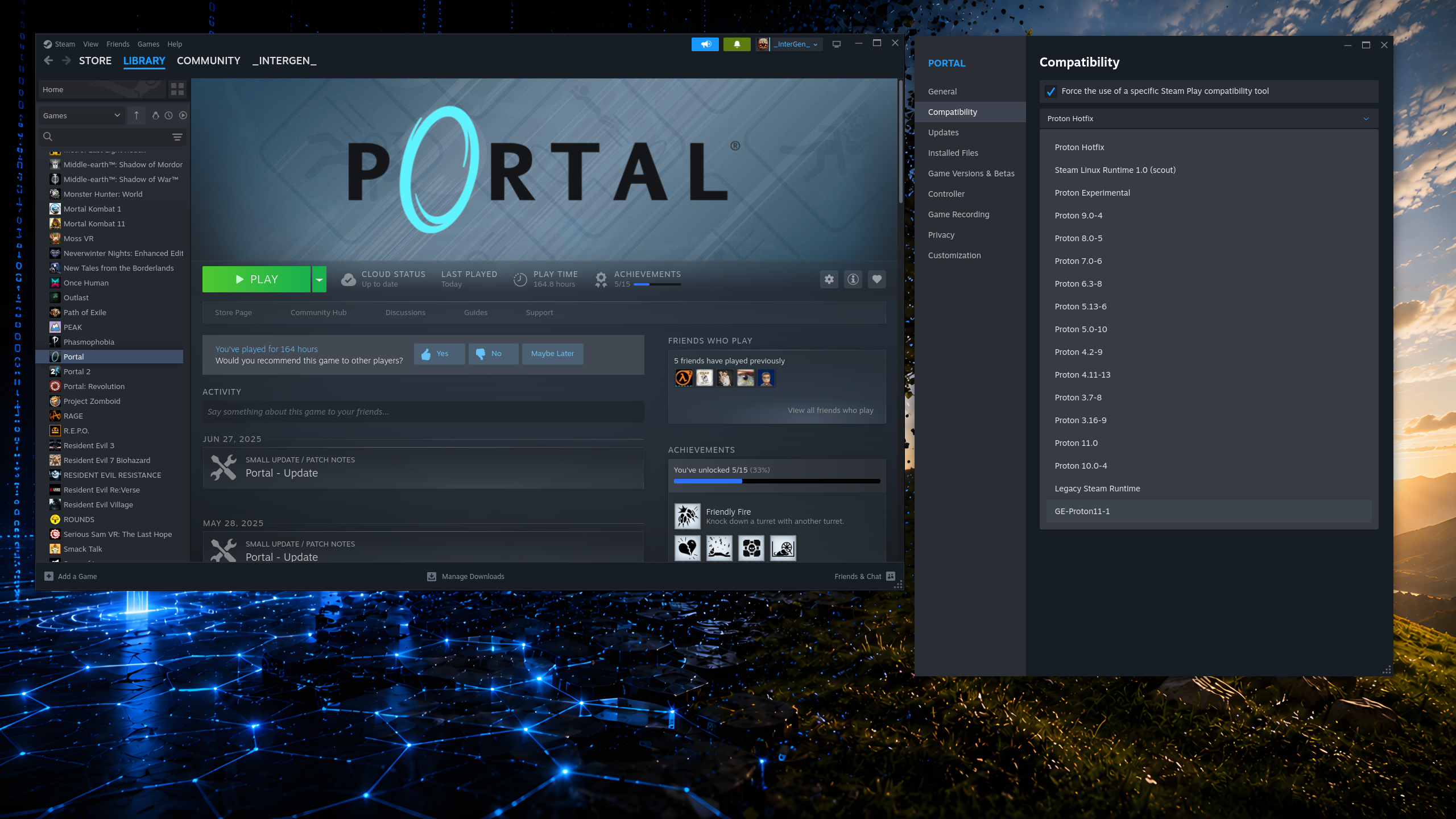 Steam’s per-title compatibility-tool selector, with GE-Proton listed among the Proton versions