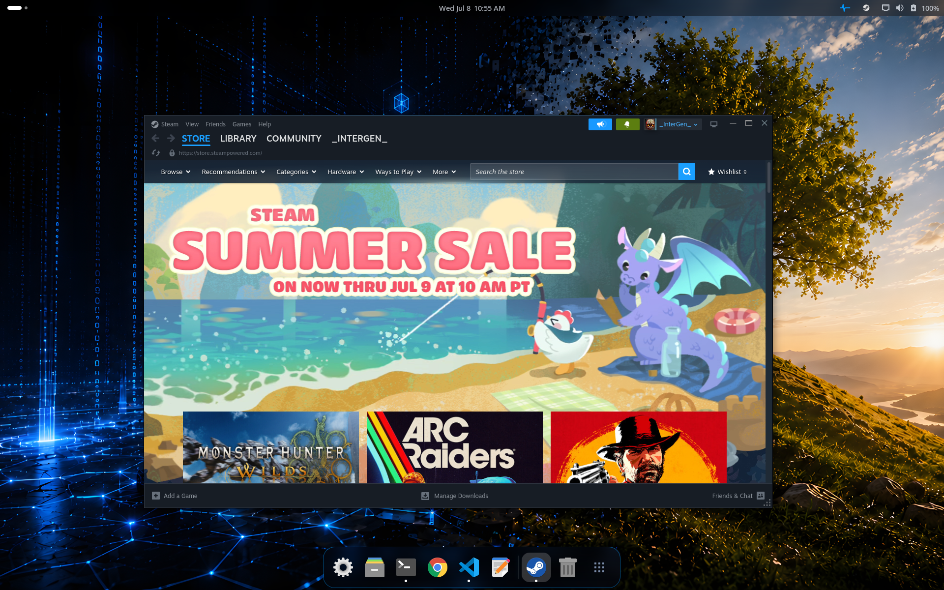 The Steam client running on the InterGenOS GNOME 49 Wayland desktop, showing the Steam store