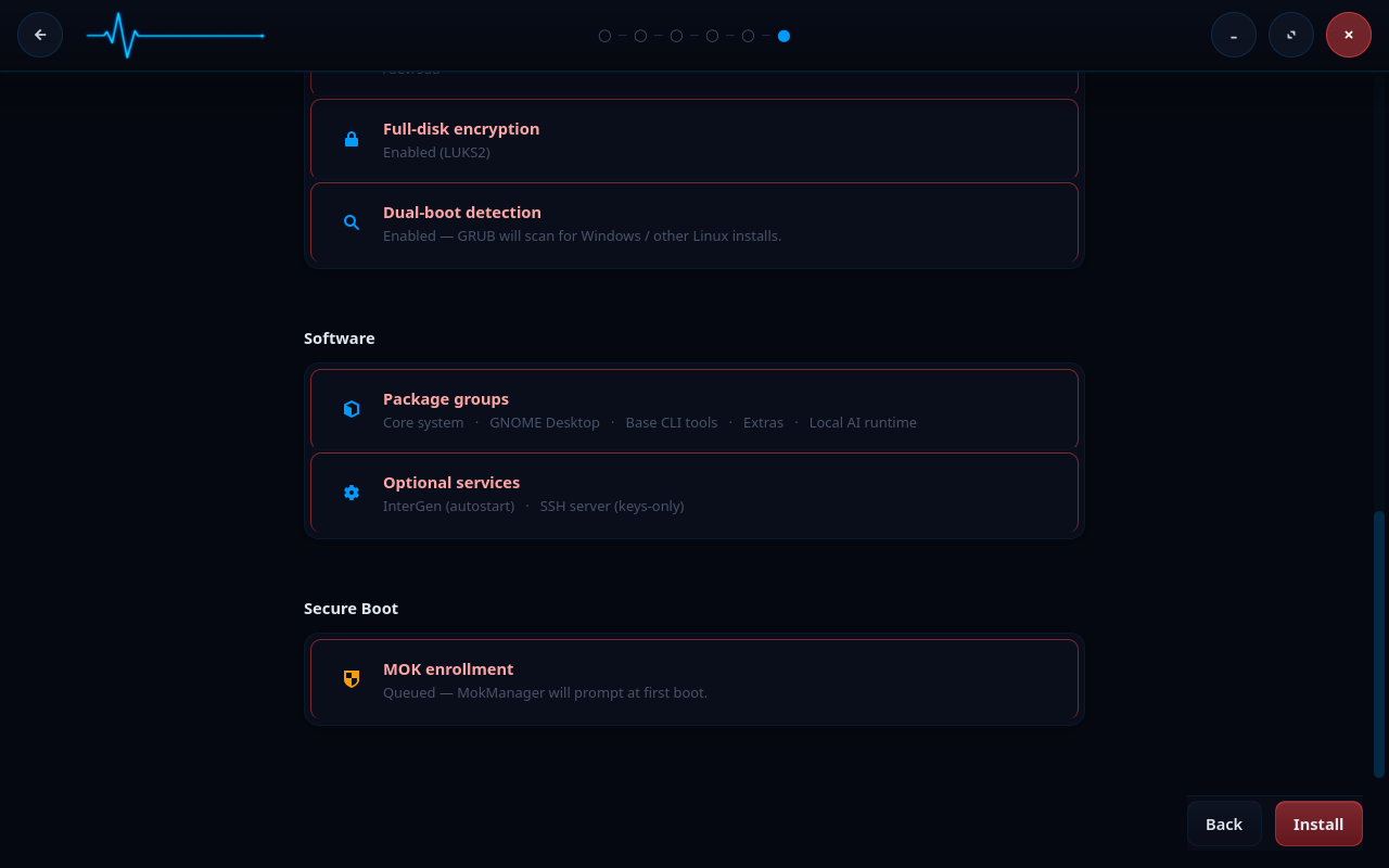 The Forge install summary showing Full-disk encryption Enabled (LUKS2) and MOK enrollment Queued