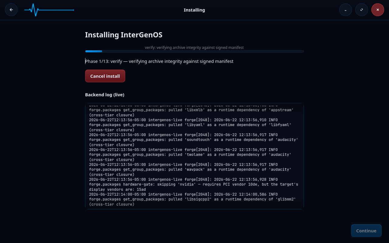 Forge install Phase 1 of 13 — “verify: verifying archive integrity against signed manifest”