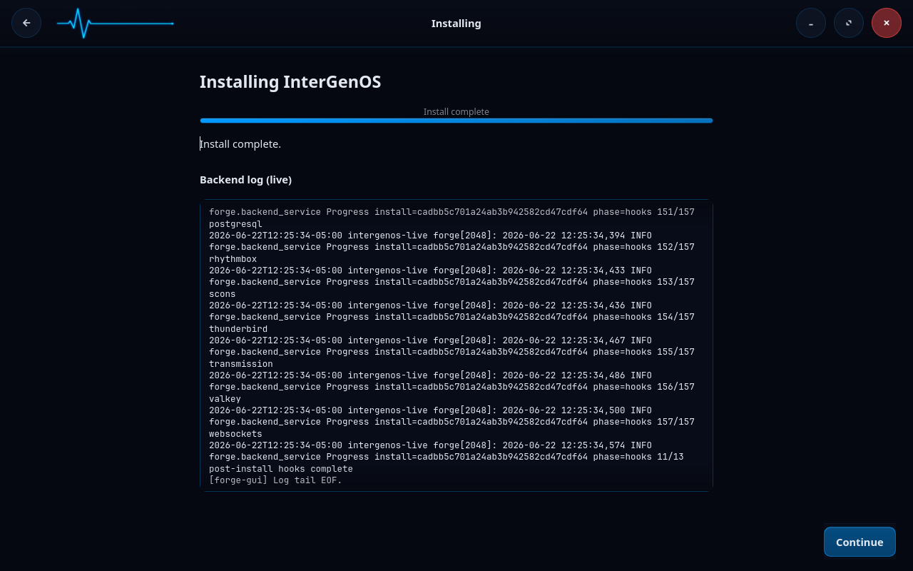 Forge reporting “Install complete” on the LUKS2-encrypted target