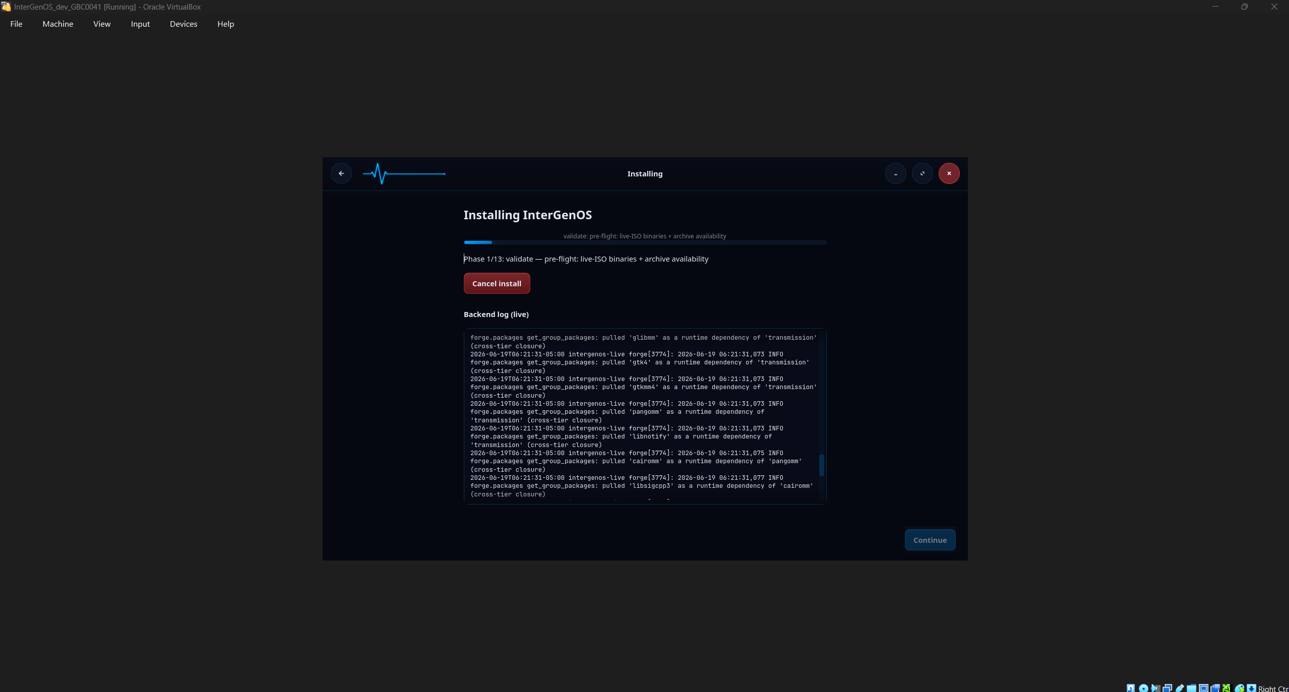 The FORGE installer running inside a VirtualBox window — the VirtualBox menu bar and window frame surround the GNOME installer, which reads “Installing InterGenOS,” Phase 1 of 13 (validate), with a live backend log of package resolution