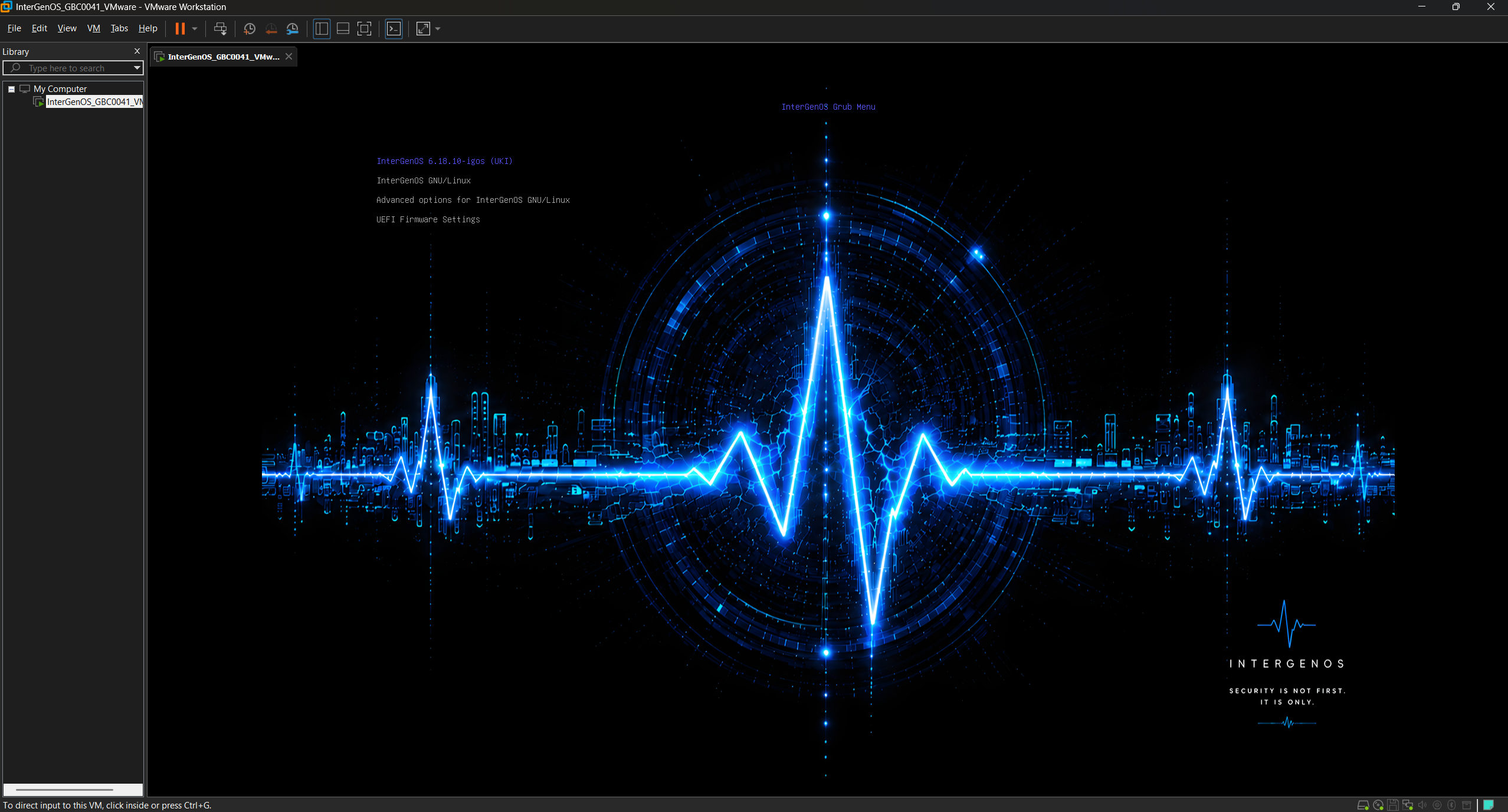 The InterGenOS GRUB boot menu of an installed system rendering inside a VMware Workstation window — the branded heartbeat theme, listing the InterGenOS UKI kernel entry, InterGenOS GNU/Linux, Advanced options, and UEFI Firmware Settings