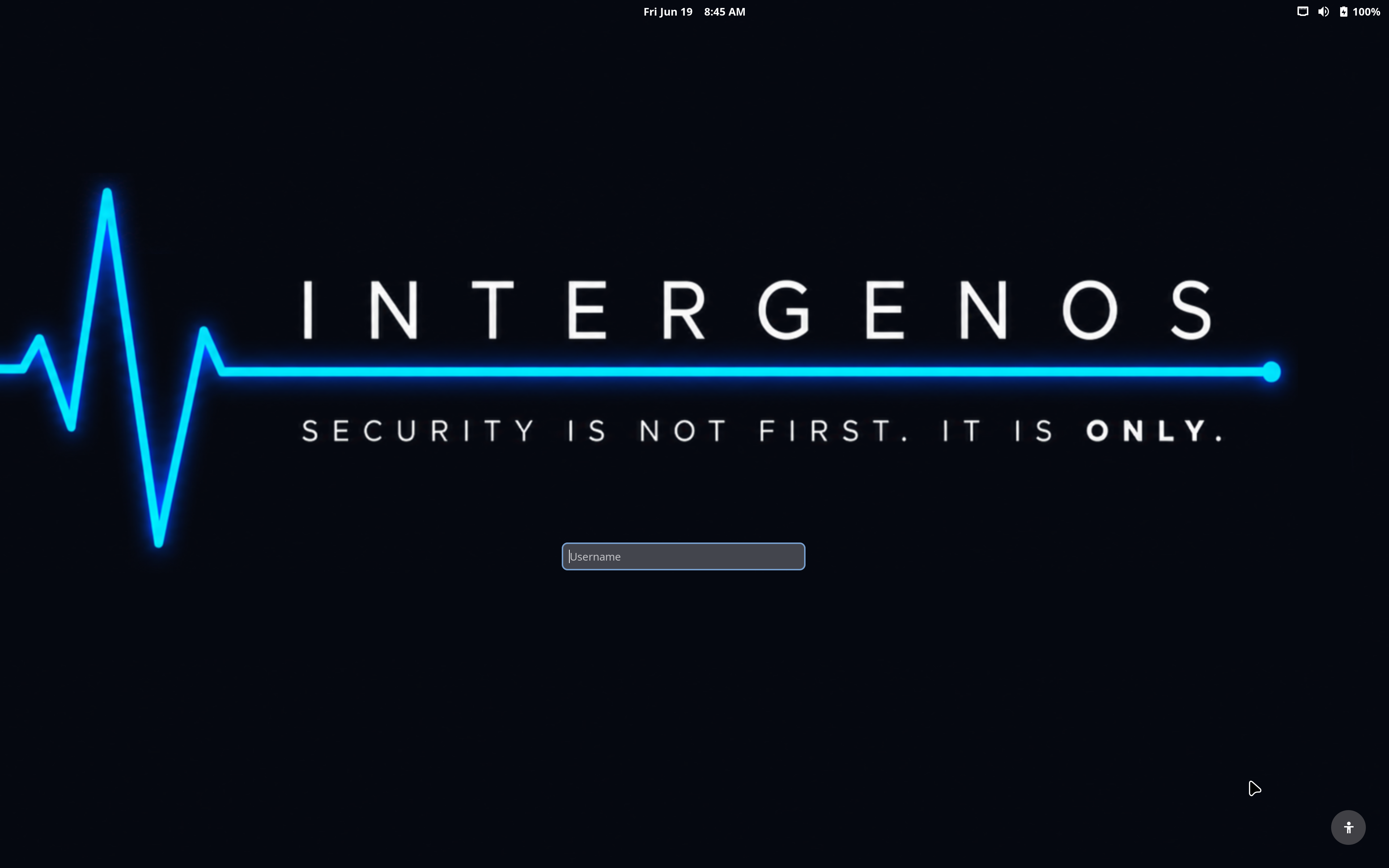 The InterGenOS greeter — the themed GNOME login screen: the glowing EKG INTERGENOS wordmark and the creed “Security is not first. It is only.” above the login field, with the top-bar clock and status icons