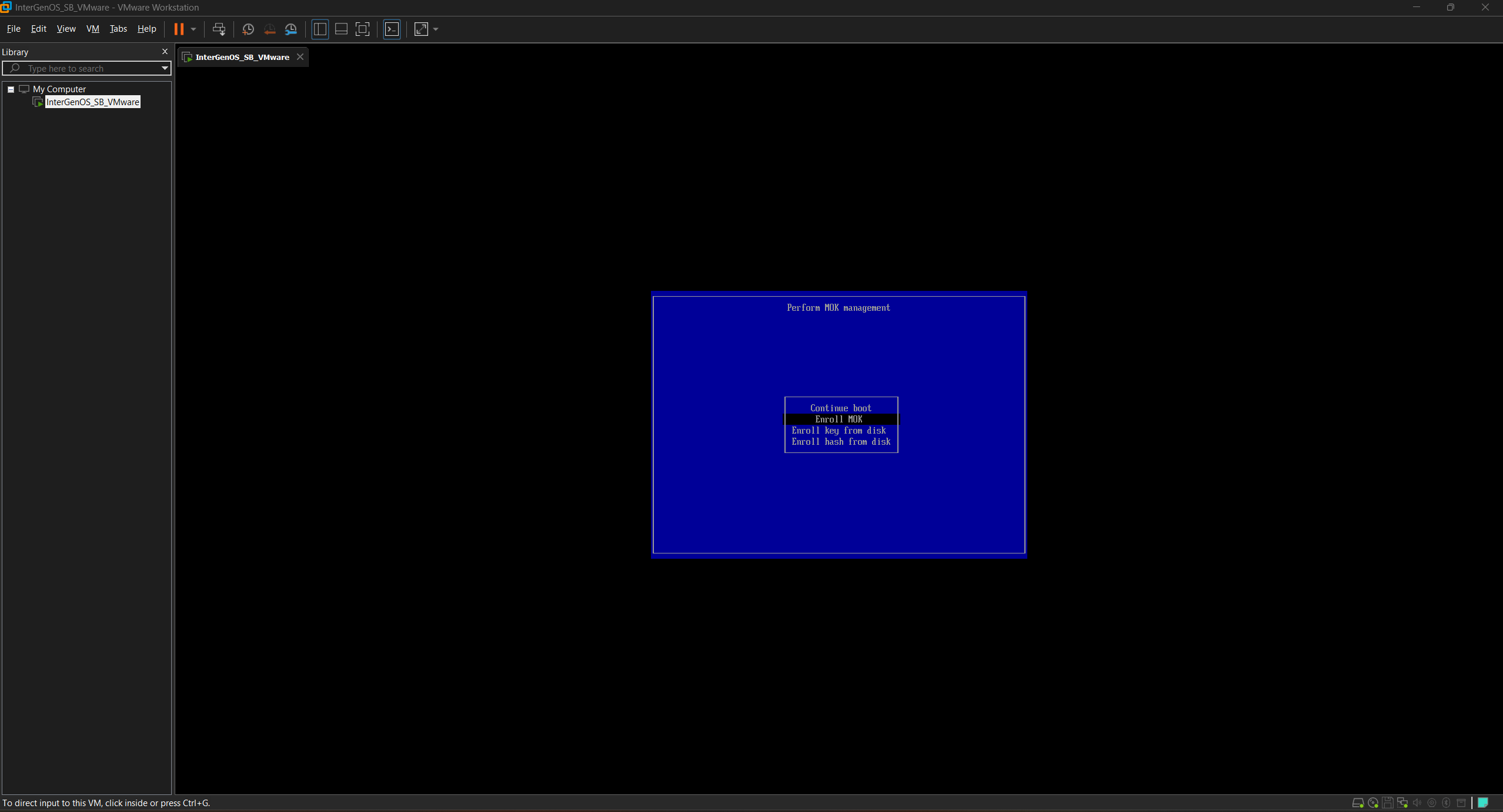 MokManager “Perform MOK management” menu with Enroll MOK highlighted