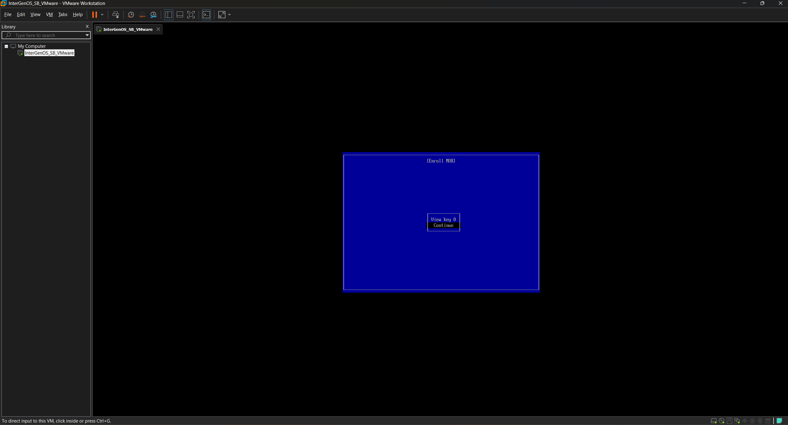 MokManager Enroll MOK screen offering View key 0 and Continue