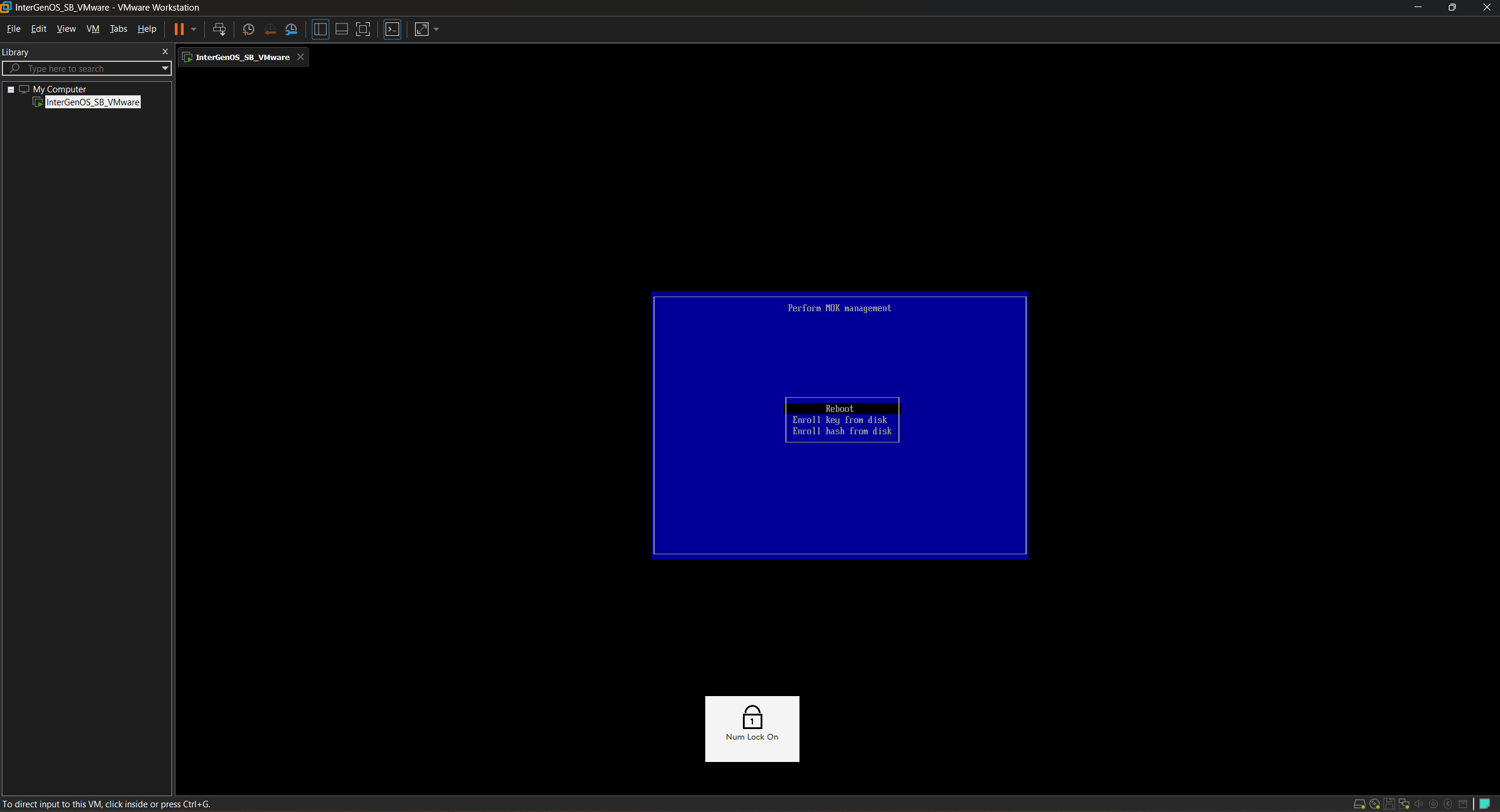 MokManager menu after successful enrollment, ready to Reboot