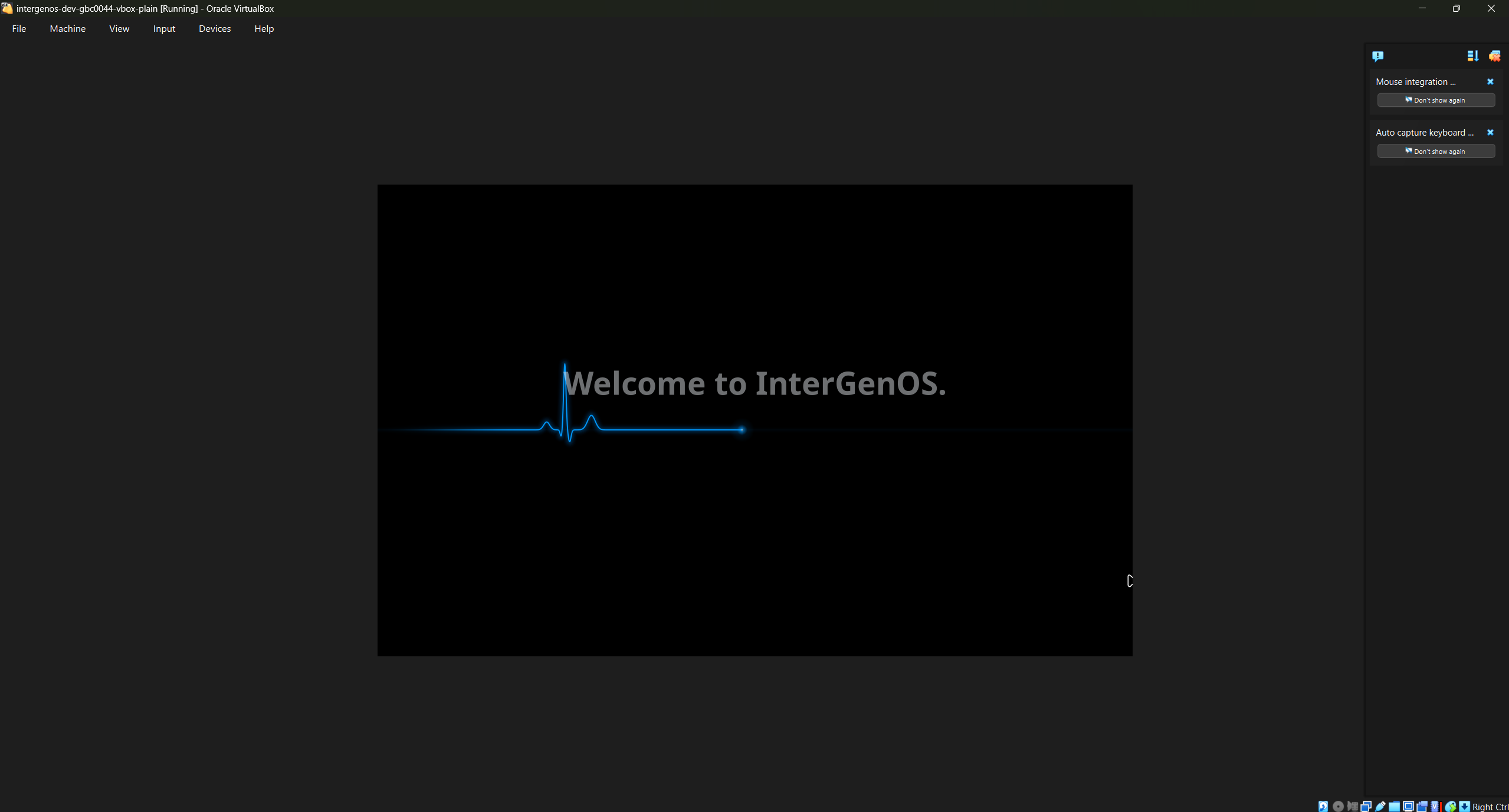 InterGenOS reaching “Welcome to InterGenOS.” under enforced Secure Boot, running in a VirtualBox VM