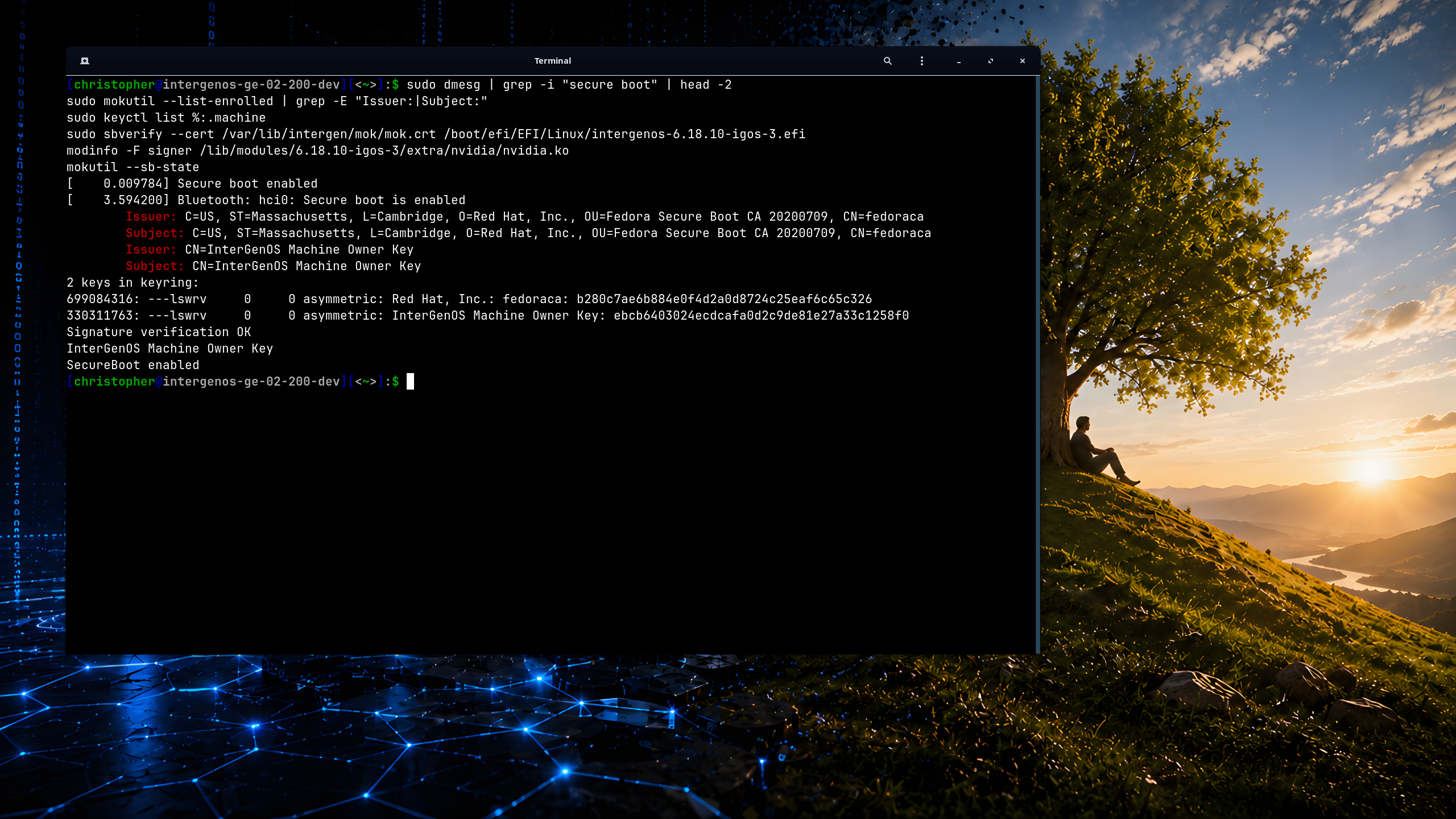 InterGenOS under enforced Secure Boot on a bare-metal ASUS ROG laptop — a terminal shows the kernel logging “Secure boot enabled” at 0.009s, both the Fedora shim CA and the enrolled InterGenOS Machine Owner Key in the kernel .machine keyring, sbverify reporting “Signature verification OK” for the signed kernel image against the Machine Owner Key, the NVIDIA module signed by that same key, and mokutil –sb-state reading SecureBoot enabled
