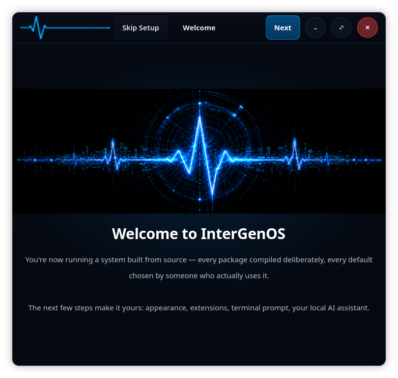 InterGenOS first-boot Welcome, step 1