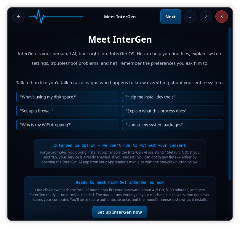InterGenOS first-boot Welcome, step 8