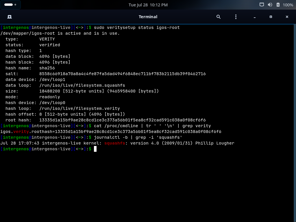 veritysetup status and the sealed cmdline roothash on a live boot
